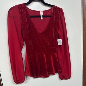 Chocolate Red Sheer Sleeve Sparkly Blouse